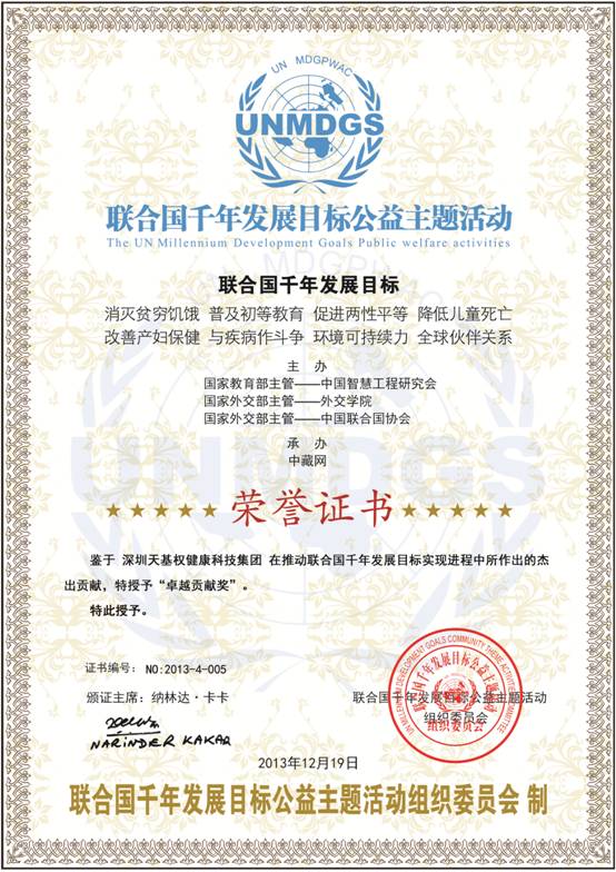 联合国千年发展目标荣誉证书 